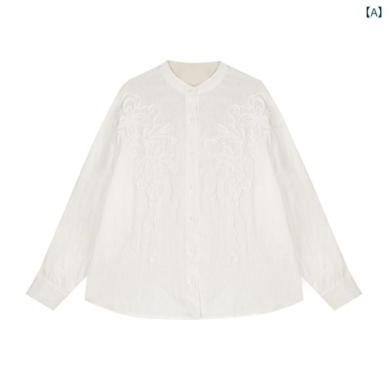レディース セットアップ 刺繍 麻 シャツ 長袖 ハイウエスト ワイドパンツ 長ズボン 春夏 気質 通勤 スタイル 切り替え デザイン 紡績 30%未満 アンモニア合成繊維 30-50% 雲水 藍 麻 白 気軽 ゆったり シルエット 軽量 通勤 普段使い 2