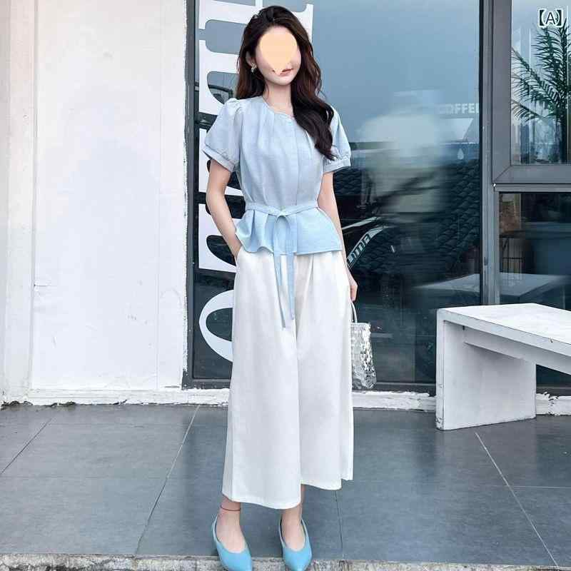 レディース ワイドパンツ セットアップ 夏 2025 収腰 スリム シャツ 九分パンツ ス...