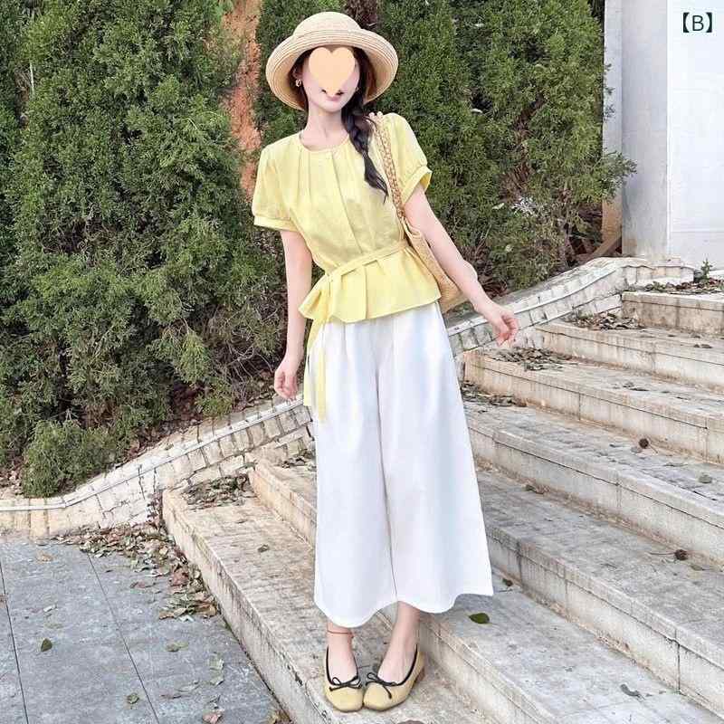 レディース ワイドパンツ セットアップ 夏 2025 収腰 スリム シャツ 九分パンツ ス...