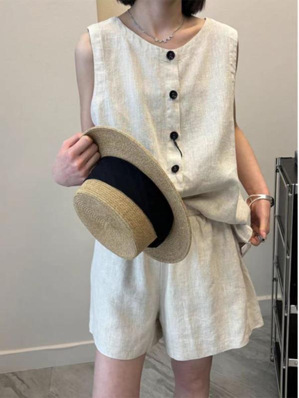 レディース セットアップ 春夏 無袖 マキシム トップス ショートパンツ 麻 ポリエステル 素材 純色 杏 黒 ヴィンテージ風 切り替え 加工 快適 軽量 通気性 普段使い カジュアル スタイル 日韓 風 女性 服 コーディネート
