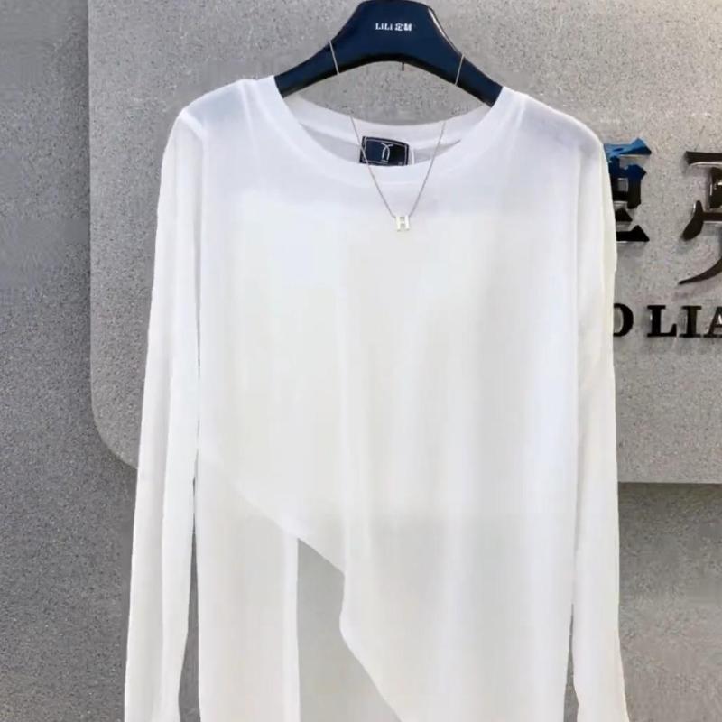 Tシャツ 女性用 長袖 接触冷感 薄手 防晒 夏 春夏 ユニセックス デザイン 不規則 スタイリッシュ ファッション 純色 トップス ゆったり 丸首 軽量 吸湿速乾 私服 日常使い 白色 黒