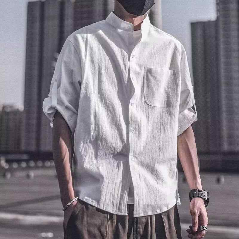 Casual Shirts - メンズ シャツ トップス ゆったり薄手 格子柄 短袖 七分袖 修身型 翻領 切り替え デザイン 麻素材 伸縮性 四方向ストレッチ 青春流行 日常 夏 黒 白 軍緑