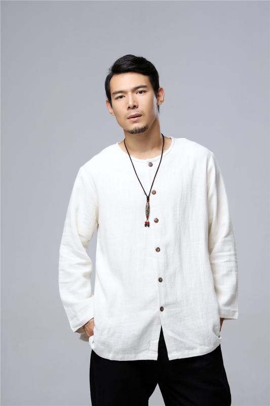 乐天商城 - メンズ 開襟シャツ 苎麻 厚手 コットン混 ゆったりシルエット 長袖 純色 黒 白 ネイビー ベージュ レッド 春 春夏 秋冬 ゆったり 軽量 通勤 普段使い 部屋着 カジュアル 芸術的 中国風