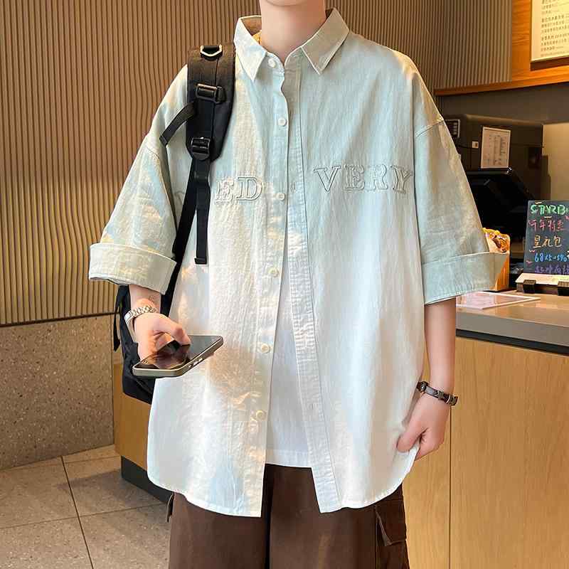 Rakuten - キッズ シャツ トップス 男の子 初中高中生 短袖 七分袖 薄手 綿 透気 耐摩耗 防汚 青春流行 開襟 ルーズフィット 幾何学柄 普通厚 切り替え 日常 米白 卡其 豆緑