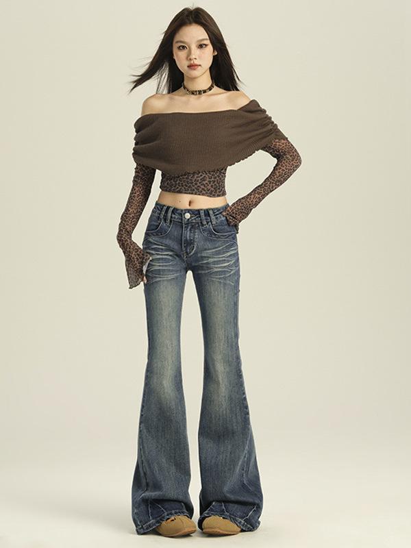 Cropped Pants - レディース デニムパンツ 春季 低腰 ミラーパンツ 修身 弾力 スリム ロングパンツ ワイドレッグ コットン ポリエステル ストレッチ ビンテージ風 洗い加工 ストリート トレンド 普段使い 通勤 アウトドア 黒 復古ブルー