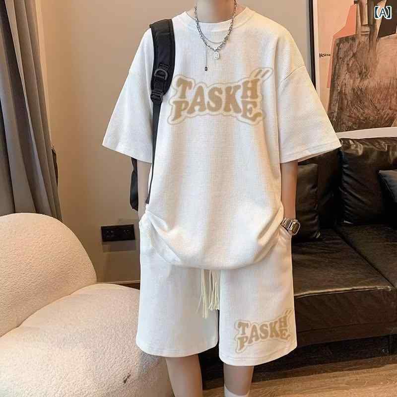 乐天商城 - メンズ スポーツ セットアップ 短袖 Tシャツ ショートパンツ ワッフル 柄 薄手 綿混 ポリエステル 軽量 快適 夏服 青春 流行 スタイル 白色 灰色 黒 藍 休闲 シーン