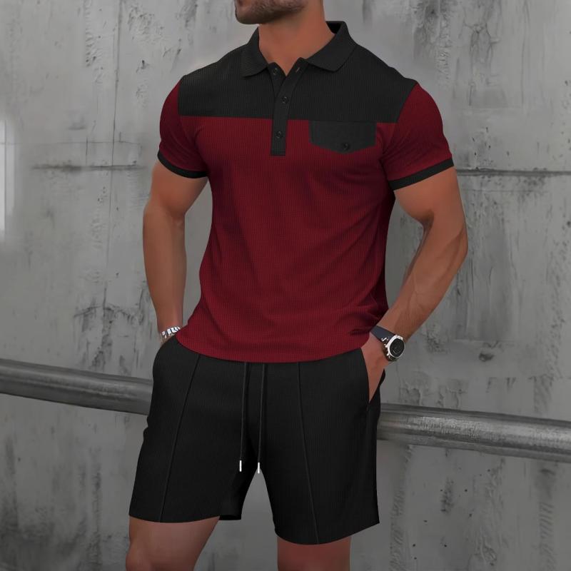 メンズ Tシャツ 短パン セット ワッフル 柄 ボタン 翻領 短袖 純色 軽熟 休闲 聚酯繊維 100% 夏季 酒紅 墨緑 卡其 灰 色 S M L XL XXL XXXL サイズ 展開 ファッション 都市 スタイル 24-35歳 対象 普通 厚み 短パ