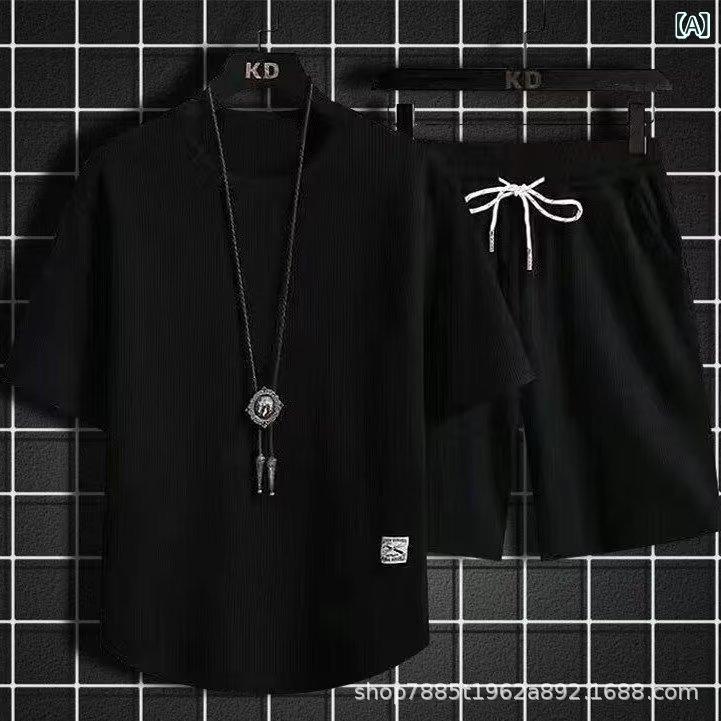 乐天商城 - メンズ 短袖 Tシャツ セット ワッフル柄 半袖 トップス 短パン 夏服 黒 白 グレー ライトブルー 化繊混紡 ポリエステル95% ゆったり スポーツ カジュアル 日常着 休日スタイル 軽量 速乾 吸汗 通気性 爽やか アクティブウェア フィットネス