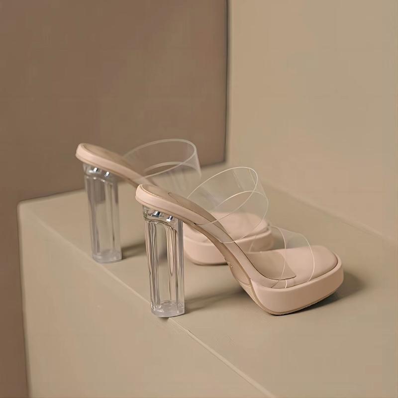 Rakuten - サンダル 女性用 厚底 防水 防水台 粗跟 透明 ヒール 水晶 フラット トゥ 韓版 杏色 PU素材 夏 春夏 軽量 伸縮性 ビッグシルエット ピンク系 アイボリー 通勤用 普段使い アウトドア 部屋着 カジュアルスタイル