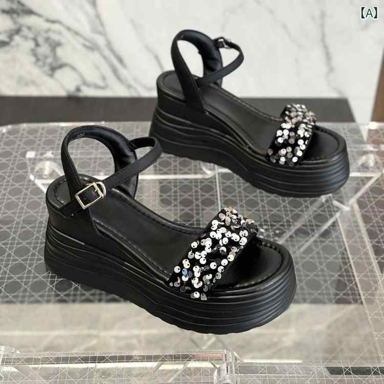 Other - 女性 厚底 ローヒール 輝片 夏 サンダル 法式 インクリース 百搭 ストラップ ウェッジ ハイヒール 銀 黒 分趾 ローマン スタイル 韓流 ポリウレタン ソール PU ライニング スプリング バックル 軽量 通気性 クッション性 スタイリッシュ 足元