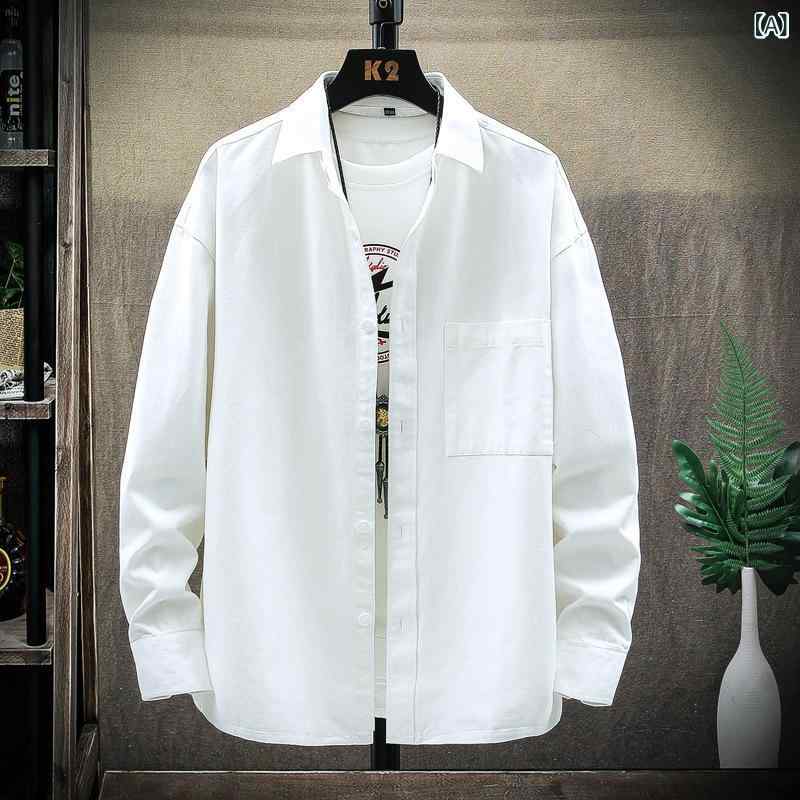 Custom-Made - メンズ シャツ トップス 長袖 純棉 合体型 方領 開衫 純色 普通厚 防皺 耐摩耗 色牢度高 港風 秋季 秋 白色 藍 軍緑 休闲 青年 都市 学生 ファッション ワイド ルーズ コットン 100% コットン メンズ トップス 長袖シャツ コットン シ