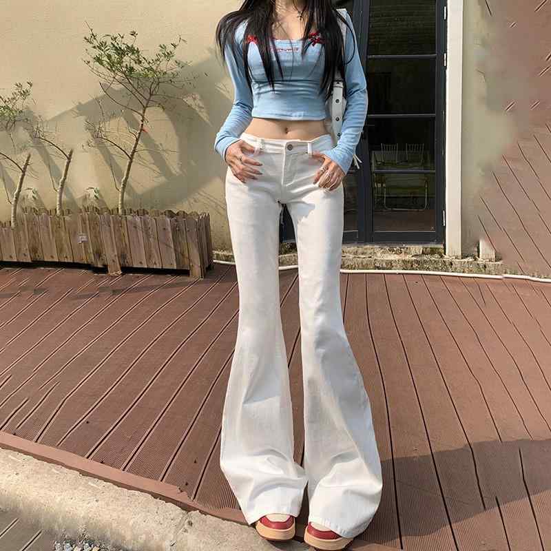 レディース デニムパンツ 微鈴口 長丈 低腰 コットン ポリエステル 混合 ストレッチ スリム 百搭 街頭風 潮人 ポケット 洗い加工 中厚 オールシーズン 黒 白 梨型 対応