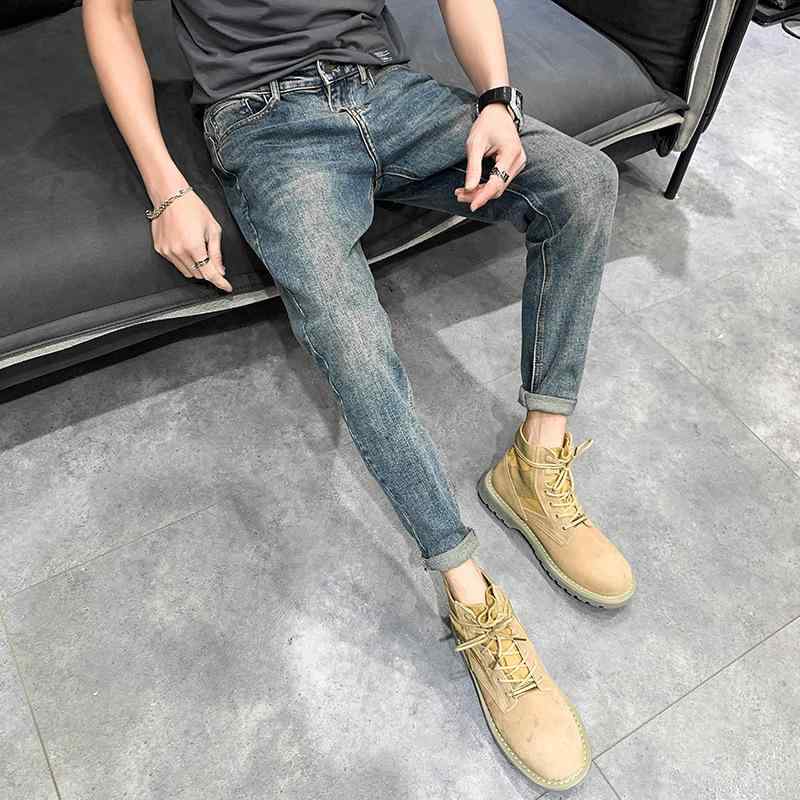 メンズ デニムパンツ コットン混紡 微弾力 スリムフィット 小脚 テーパード ミッドライズ ボタン 9分丈 水洗加工 ノーアイロン ブルー 春秋 オールシーズン 英国風 基本 スタンダード 青春 流行 18-24歳 青少年 休日 日常 使い カジュアル