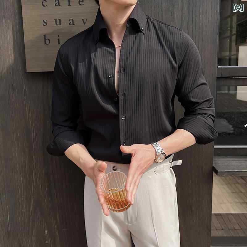 樂天商城 - メンズ 長袖 シャツ トップス ストライプ柄 ビジネス ビジネスカジュアル 修身型 ボタン領 免烫 ポリエステル 混紡 黒 緑 春季 春秋 オフィス 通勤 青年 男性用 紳士 流行 開衫 ミシン目 洗濯機可 普通厚 1-3cm誤差