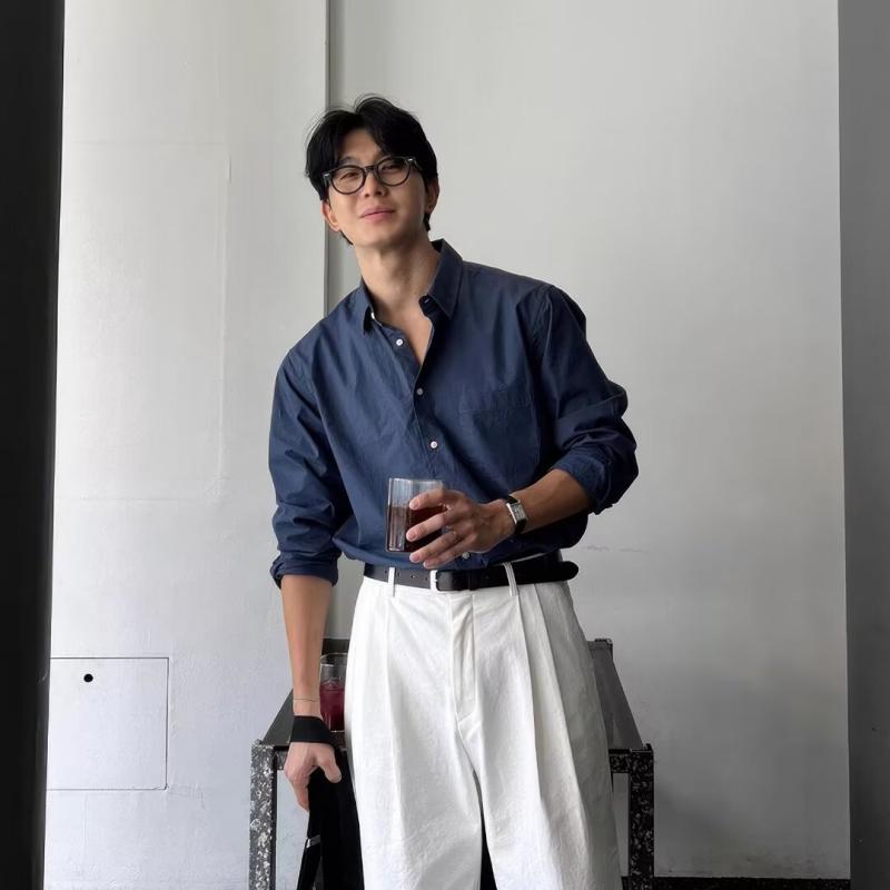 メンズ 長袖シャツ トップス 男性用 春秋 開襟 修身 ビジネス 日常 ゆったり 化繊混紡 コットン調 ポリエステル 切り替え ステッチ 濃紺 黒 白 青少年 成人 韓国風 トレンド