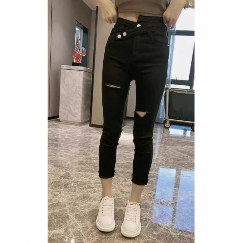 乐天商城 - スキニーデニムパンツ ハイウエスト ストレッチ 九分丈 小脚パンツ ブラック レディース