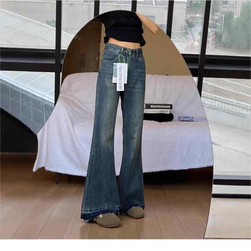 Long Pants - トップス デニムパンツ レディース ハイウエスト ストレート レトロ 着痩せ 小柄 麻 弾力 長ズボン 春夏 カジュアル