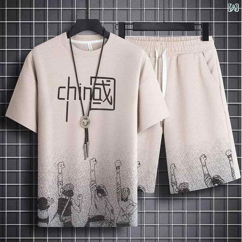 乐天商城 - メンズ Tシャツ ハーフパンツ セットアップ 夏服 カジュアル スポーツウェア 中国風 半袖Tシャツ 短パン 上下セット 紳士服 男性用 普段使い アウトドア 軽量 通気性 速乾性 綿混紡 M L XL 2XL 3XL 4XL 5XL