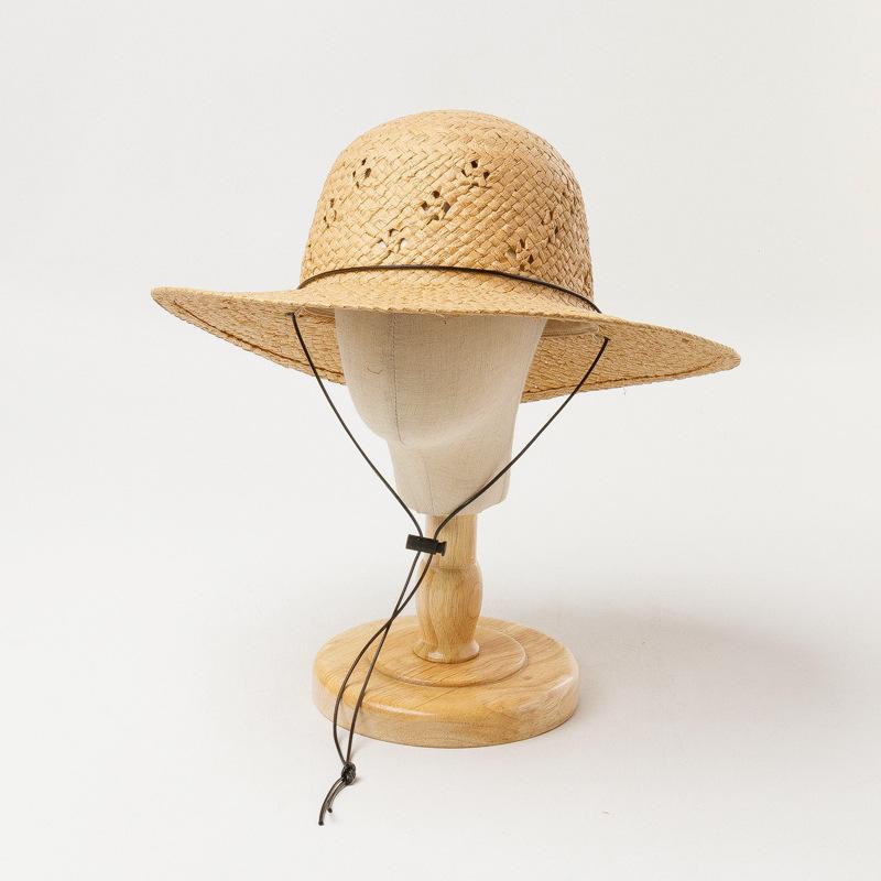Straw Hat - 麦わら帽子 レディース 遮光 UVカット つば広 手編み 軽量 通気性 紫外線対策 サマーハット カジュアル レジャー アウトドア ビーチ 53cm