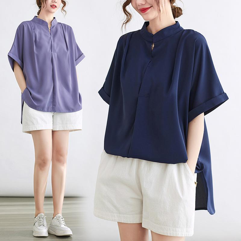 Rakuten - シャツ Vネック 半袖 ゆったり チュニック丈 伸縮性 綿混 春夏 大人かわいい
