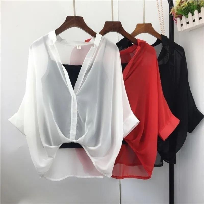 トップス レディース Vネック シフォン チュニック 半袖 鮮やか フェミニン エレガント 春夏