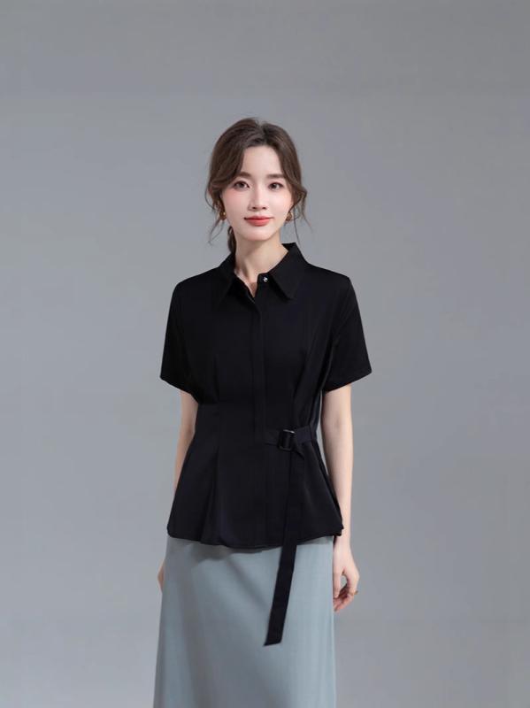 Rakuten - トップス シャツ レディース 夏 POLOネック 修身 半袖 ブラック