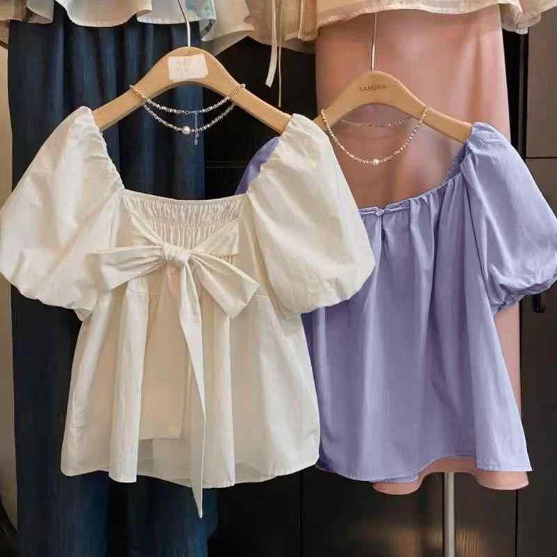 トップス ブラウス レディース フリル 蝶ネクタイ パフスリーブ 半袖 夏 甜美 きれいめ細やかなプリーツ 華やか フェミニン 上品のあるデザイン 綺麗め 清楚 上品 フェミニン 着痩せ見え 韓国風 ファッション ins