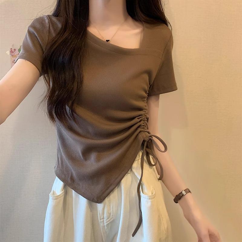 トップス 不規則 チュニック 上衣 半袖 Tシャツ ギャザー ギャザーネック ギャザー襟 斜め襟 ドレープ ゆったり 楽ちん 体型カバー おしゃれ かわいい 大人 女性 レディース 婦人服 普段使い 通勤 通学 デイリーウェア ミセス シニア 40代 5 fork-br-10864222 フォークBR パッケージ画像