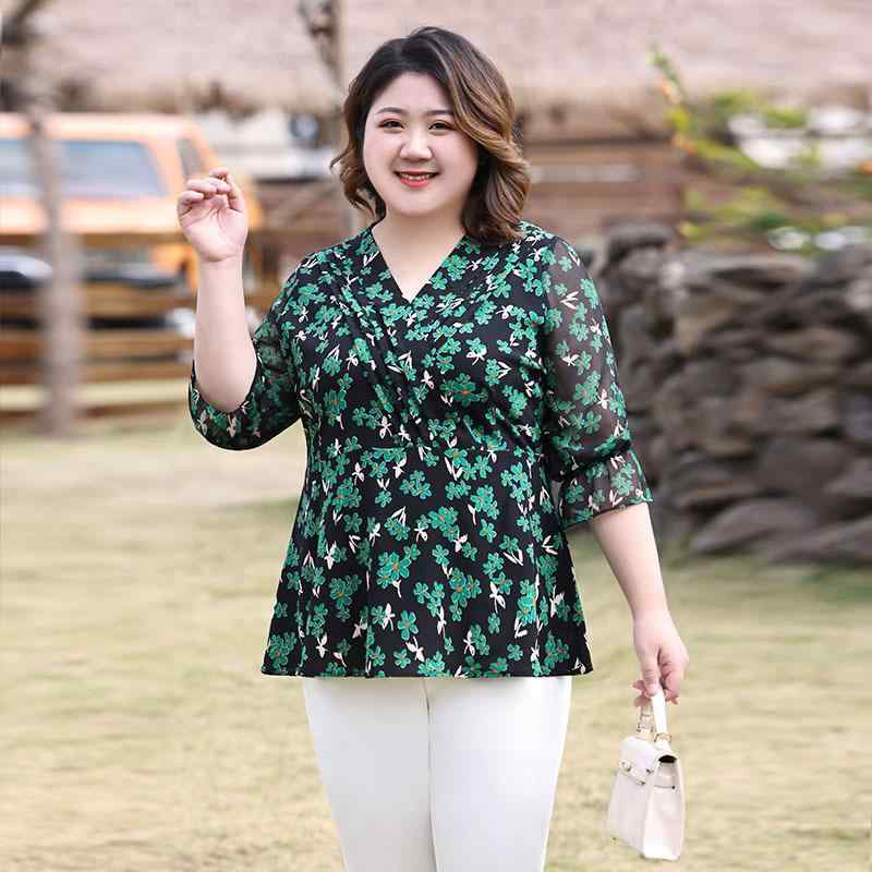 Vネック 小花柄 シフォンブラウス Vカット 9分袖 レディース トップス チュニック ...