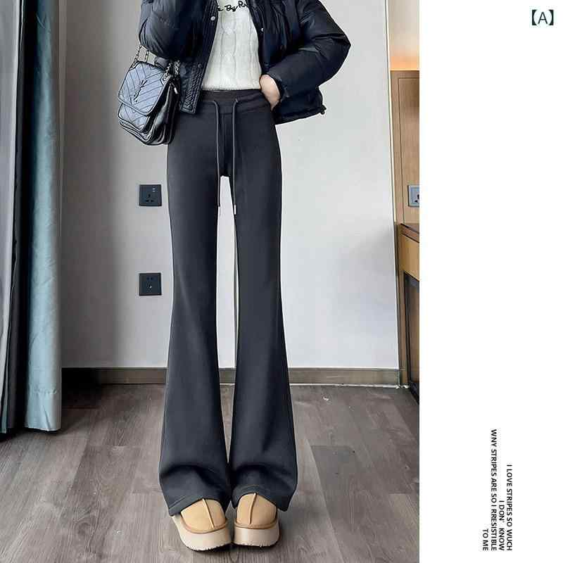 color_options: 洋気灰、黒色pattern: 3D/立体图案material: 棉、涤纶（聚酯纤维）style: 休闲风、日韩休闲pant_type: 微喇裤waist_type: 高腰length: 长裤thickness: 中等elasticity: 微弹gender: 女size_options: S、M、L、XLcraftsmanship: 免烫处理