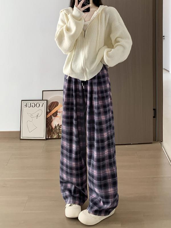カジュアルパンツ レディース レトロ ネルチェック柄 ワイドパンツ 春新作 ゆったり ハイウエスト ストレート ドレープ感 細見え 普段使い リラックス 伸縮性 微弾性 微弾性 ポリエステル ビスコース混 快適 やわらかい