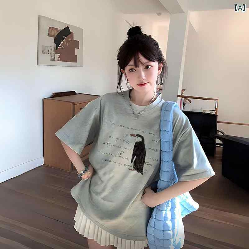 Tシャツ レディース 綿 動物柄 プリント クルーネック 半袖 ゆったり 花柄風 黒 白 ベージュ 紺(4.0)
