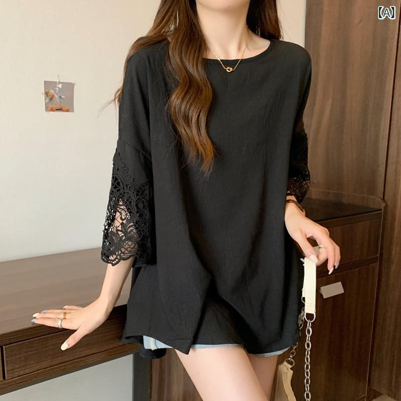 秋 冬 Tシャツ チュニック レース 切り替え ゆったり 大きいサイズ カジュアル ファッション レディース fork-br-10868551 フォークBR サンプル画像2