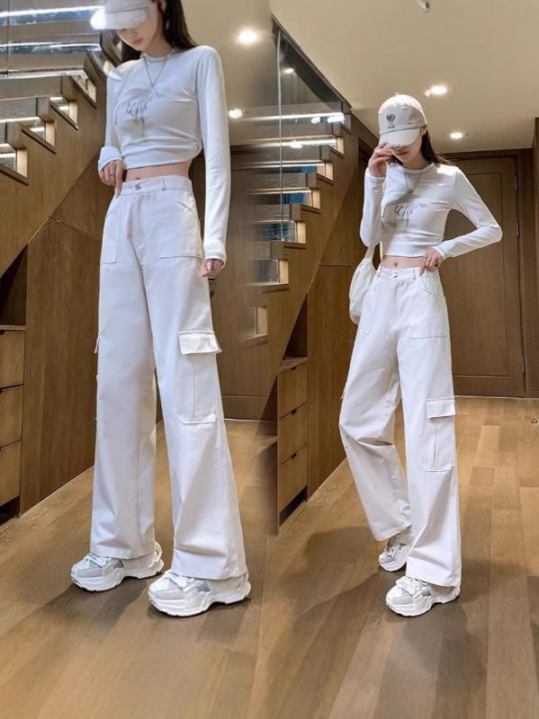 カーゴパンツ レディース ハイウエスト ストレート ゆったり 美脚 快適カジュアル 街頭風 ヒップホップ風 綿100%