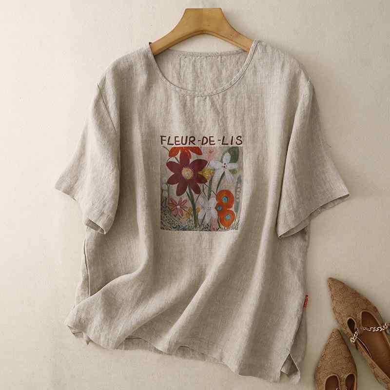 Rakuten - Tシャツ レディース 半袖 花柄 ラウンドネック 綿混 レトロ風 カジュアル M L XL 2XL