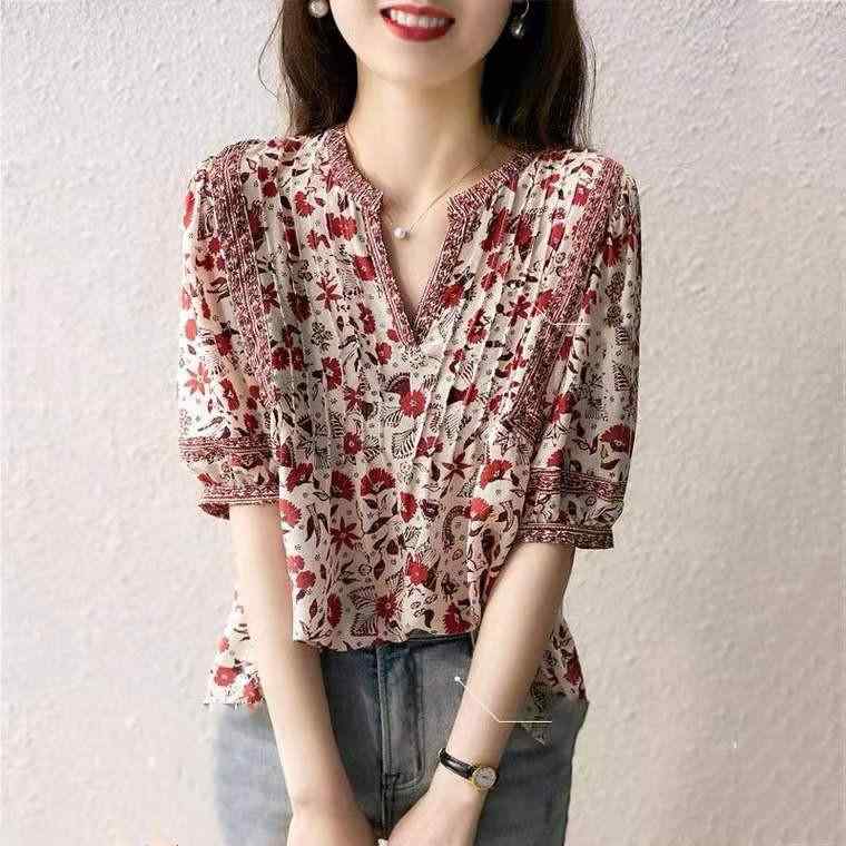 Rakuten - classy floral chiffon blouse for women with short sleeves