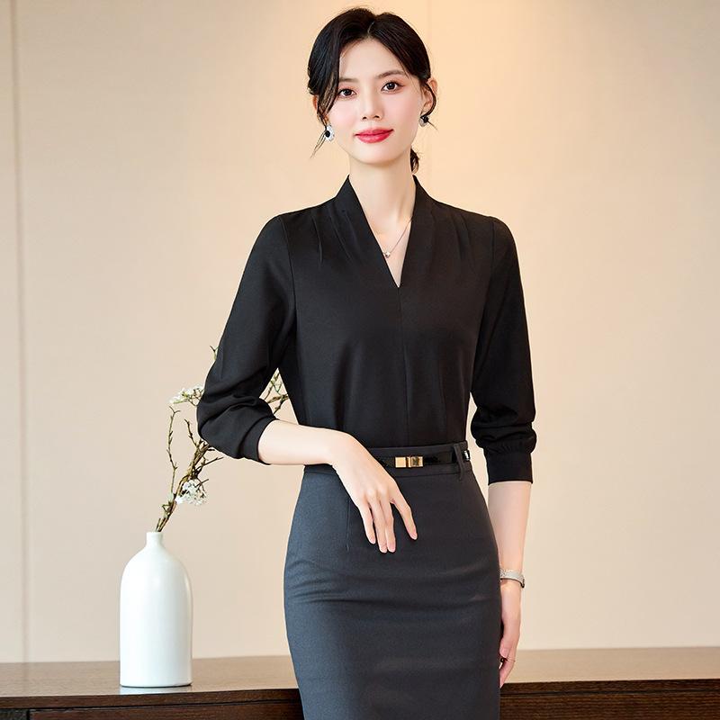 トップス Vネック 事務服 職場用 通勤用 長袖 ブラウス レディース オフィスウェア きれいめ 上質 上品 エレガント オフィススタイル 仕事用 普段使い きちんと感 フォーマル系 柔軟素材 通年用 快適素材 軽量感 fork-br-10869527 フォークBR パッケージ画像