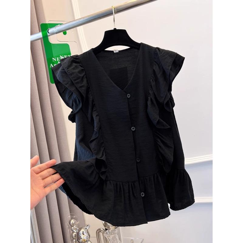 トップス Vネック シフォンブラウス Vネック チュニック 黒 レディース トップス 長袖 フレンチスリーブ 無袖 シャツ ブラウス チュニック ブラウス シフォン チュニック 4-5mm