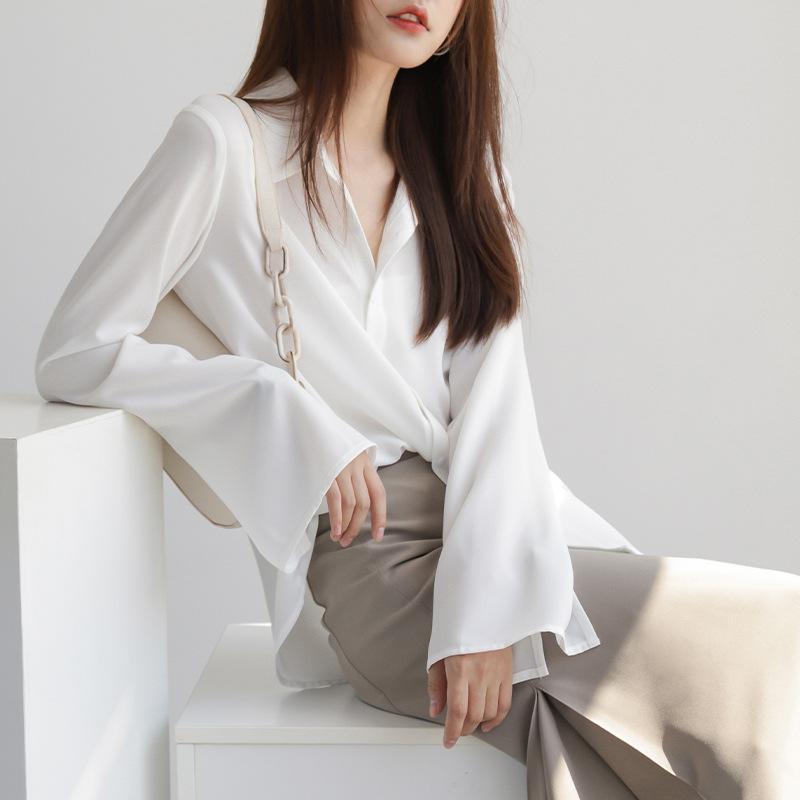 トップス Vネック 長袖 シフォン チュニック ブラウス レディース 白 通勤 綺麗め きれいめ 上品 エレガント フェミニン クラシック レトロ カジュアル シンプル ベーシック 春 夏 秋 冬 オールシーズン 20代 30代 40代 50代