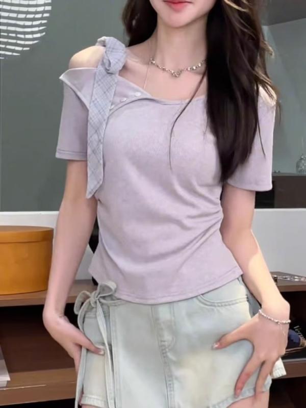 Tシャツ レディース 半袖 レディース 異素材切り替え असिमेट्रिक チュニック丈 トップス 夏服 カジュアル フェミニン おしゃれ かわいい きれいめ 綺麗め 大人っぽい 高見え 上品 大人っぽい オシャレ 着痩せ 細見え スマート 細身 スレ
