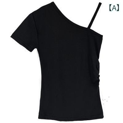 トップス 斜めカット レイヤード風 Tシャツ レディース 半袖 タイト セクシー 鎖骨見せ असिम्मेट्रिक チュニック 黒 白 ニック 黒 白 黒 夏