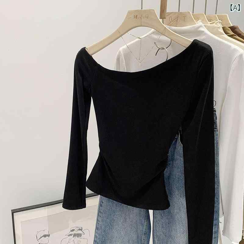 Tシャツ 斜め襟 長袖 レーヨン混 アクリル混 無地 スリムフィット असंगठित हेम विषम लंबा आस्तीन पतली ऊपरीवस्त्र महिलाओं के लिए शरद ऋतु 2024 नया संपादन पतला दिख