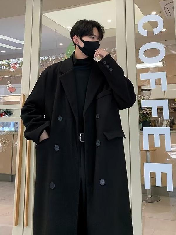 コート メンズ ウールコート 中綿入り ロング丈 西装领 双排扣 呢子 潮流 黒色 黒色 潮流 休闲 韩版 纯色 秋季