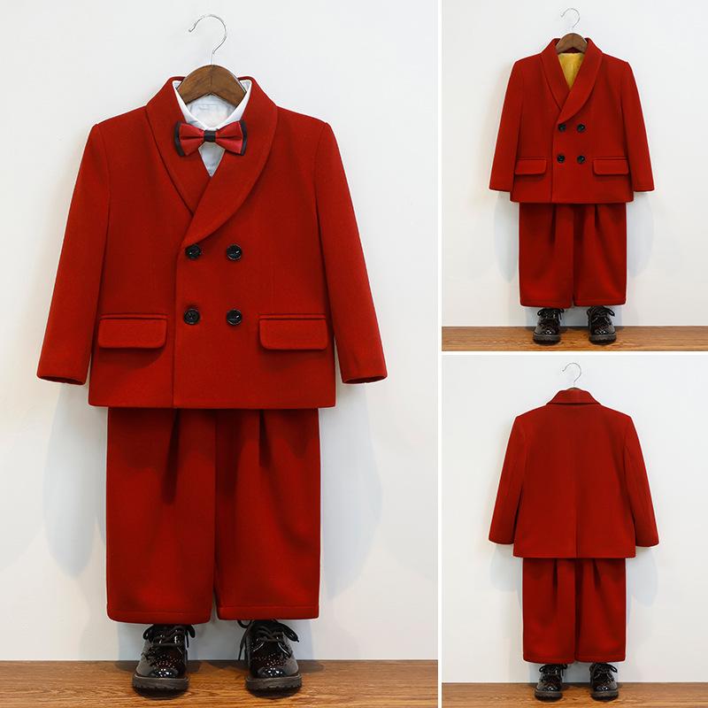 Rakuten - 男の子 フォーマルスーツ セットアップ 子供服 キッズ服 冬 春 秋 イギリス風 純色 加厚 上下セット 長袖 ダブルブレスト