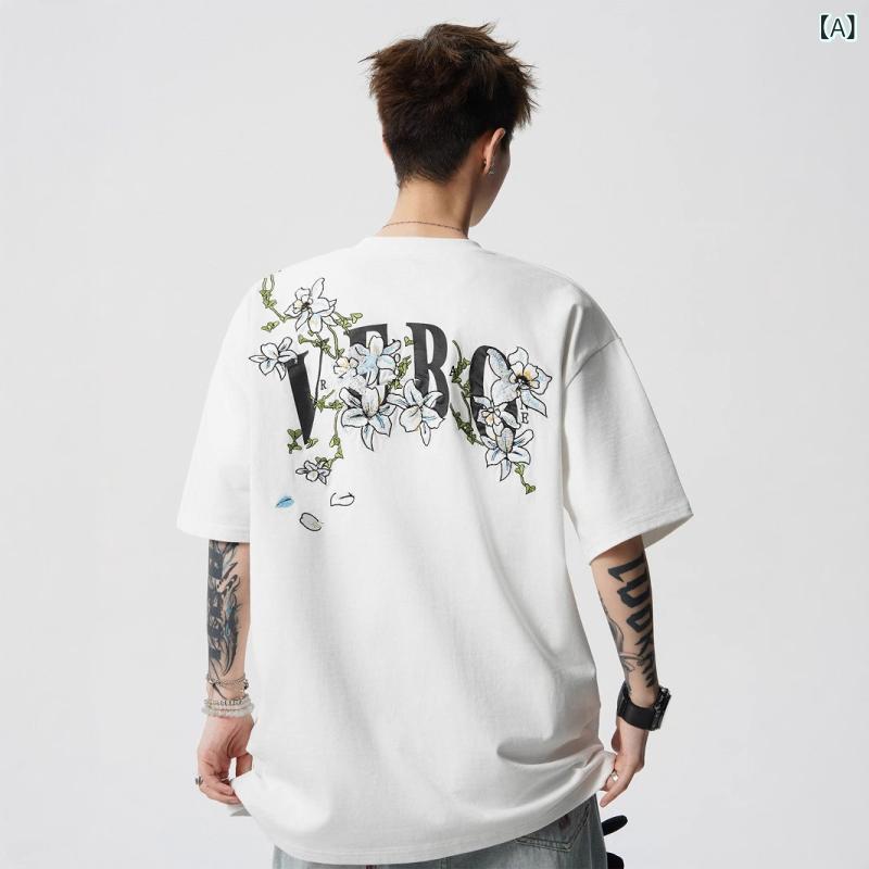 樂天商城 - Tシャツ メンズ 半袖 花柄 刺繍 美式風 重厚感 ピュア帅 カジュアル トップス 夏用 春夏用 通年 黒 白 M-XXXL