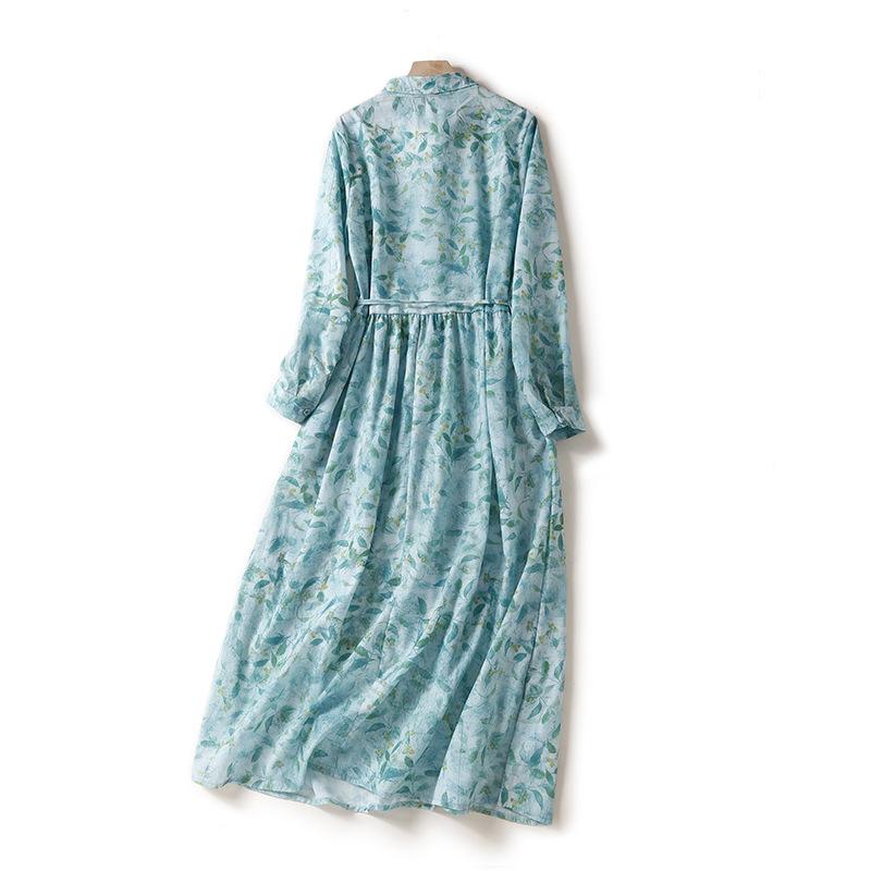 樂天商城 - ワンピース チュニック 長袖 麻 綿 花柄 緑系 ピンク系 M L XL 2XL