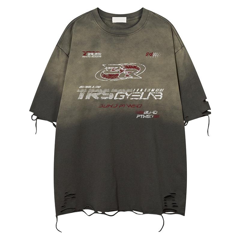 Rakuten - Tシャツ メンズ Tシャツ トップス クールネック グラデーションプリント ストリート風 オーバーサイズ ヘビーウェイト 綿100%