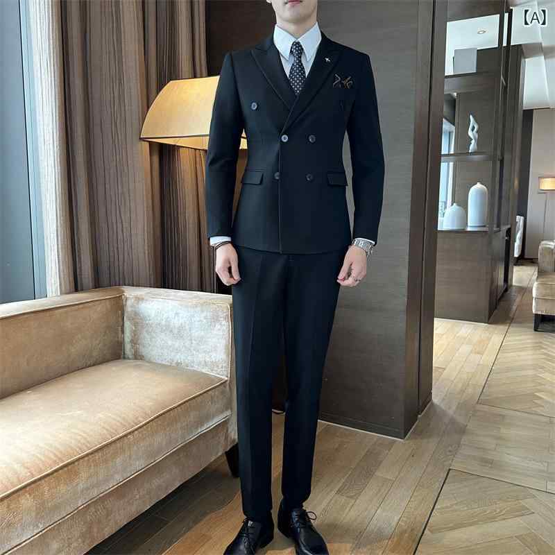 メンズ スーツ 黒 フォーマル ビジネス 高級 ダブルブレスト 結婚式 披露宴 発表会 紳士服 テーラードジャケット スラックス 春秋 快適 軽量 高品質 大人 上質 M L