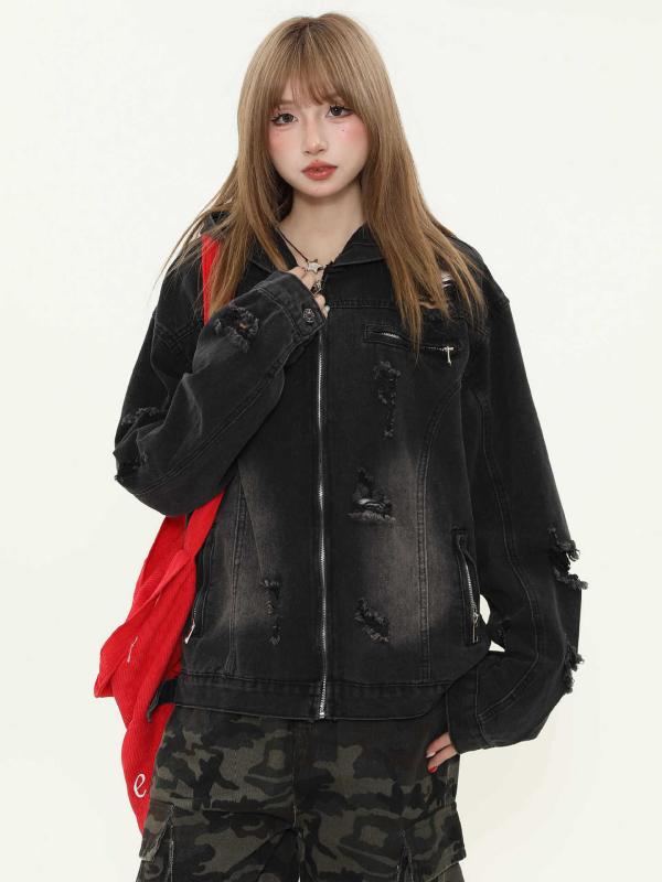Rakuten - 牛仔外套 連帽 男女 寛鬆 休間 情侶 復古 春秋 夾克 黒色 淺藍色 M L XL