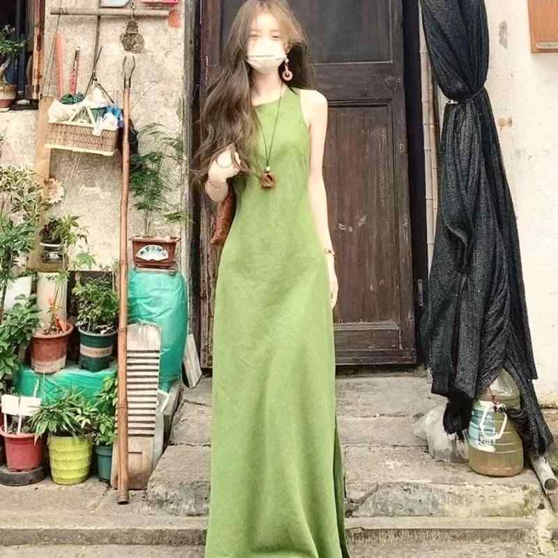 乐天商城 - ワンピース レディース レトロ風 ノースリーブ Aライン Vネック 緑系